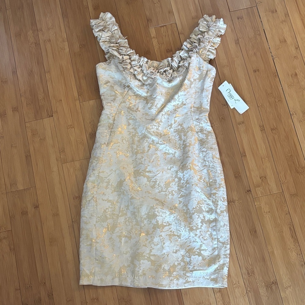 Chic Cream and Gold Ruffle Midi Dress - Picture 1 of 6